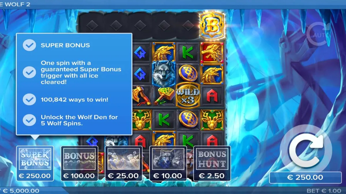 Pemandangan atmosferik slot Ice Wolf 2 dengan grid es yang membeku dan elemen serigala.